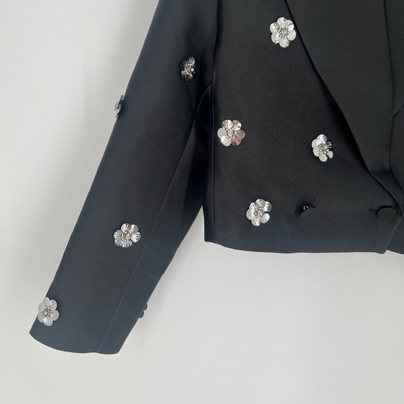 Sandro Flower Floral 3D Embellished Cropped Double Breasted Blazer Satin Jacket - Picture 3 of 9